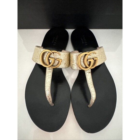Gucci GG Gold Marmont Leather Thong Sandals Flat Shoes Authentic EU 37 US 7 - Picture 2 of 9